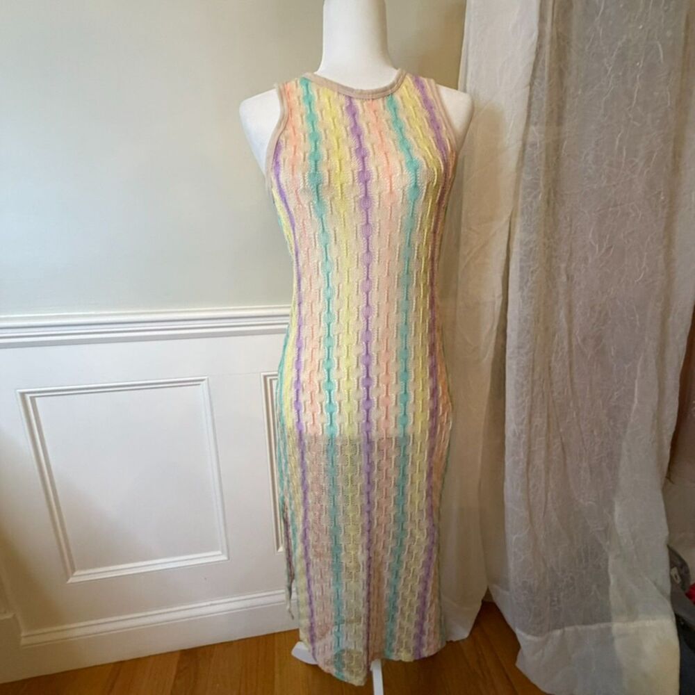 NWOT Miken Swim Crochet Knit Cover Up Dress Medium Pastel Stripe Midi Beach